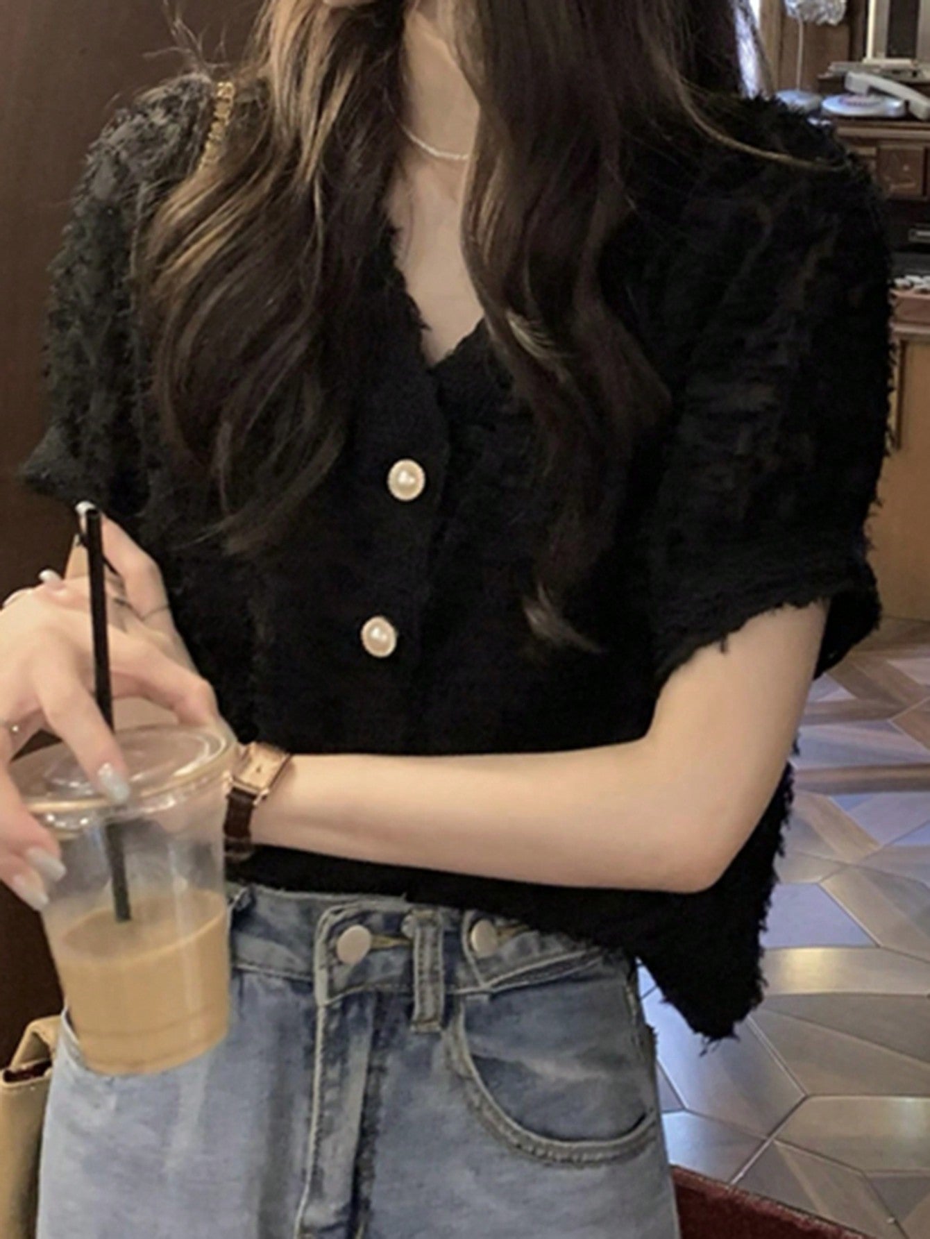 Shein V-Neck Bubble Sleeve Blouse