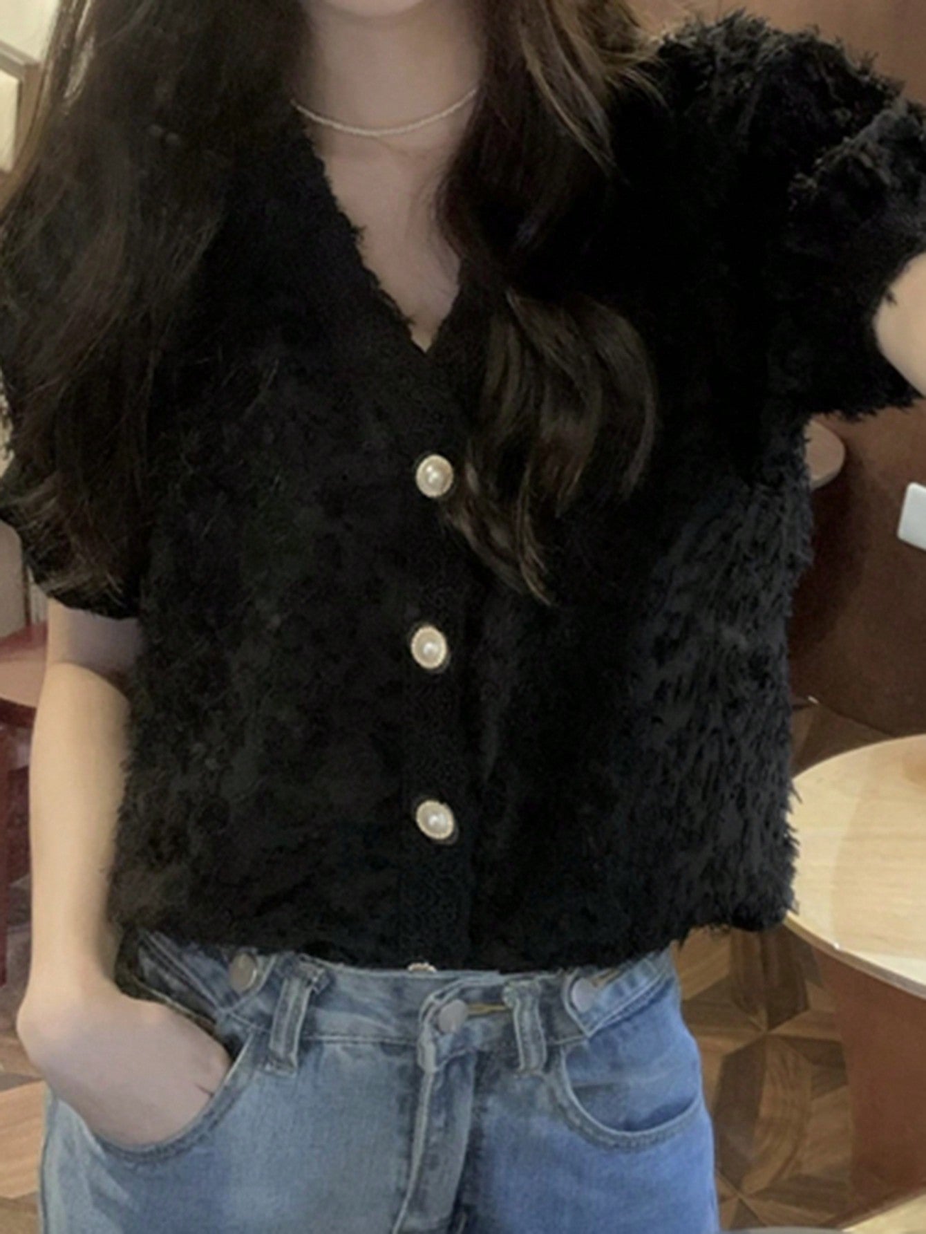 Shein V-Neck Bubble Sleeve Blouse