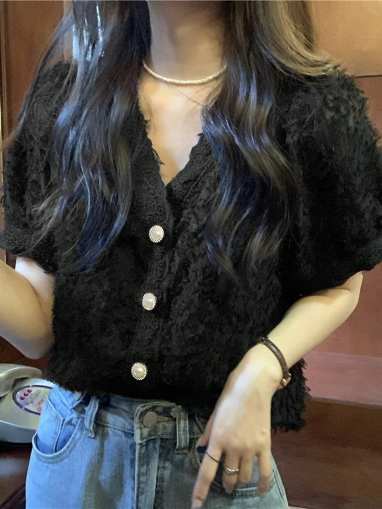 Shein V-Neck Bubble Sleeve Blouse