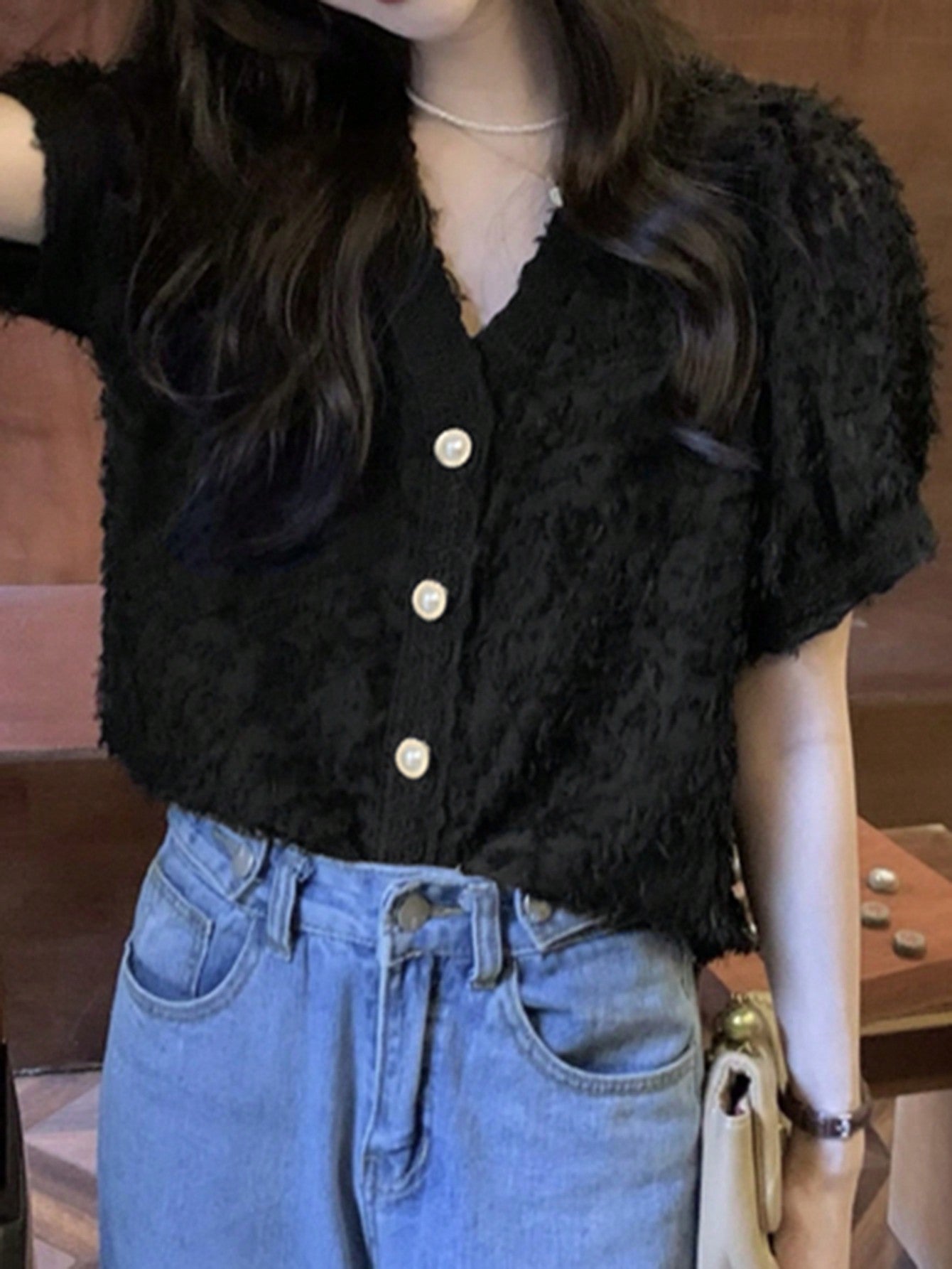 Shein V-Neck Bubble Sleeve Blouse