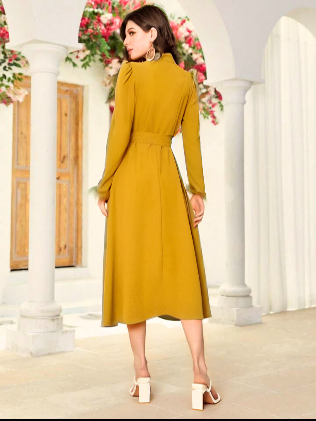 Dress SHEIN Modely Solid Color Belted Pleated - ZEBrand