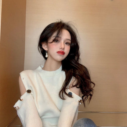 SHEIN Buttoned Cold Shoulder Knit Sweater