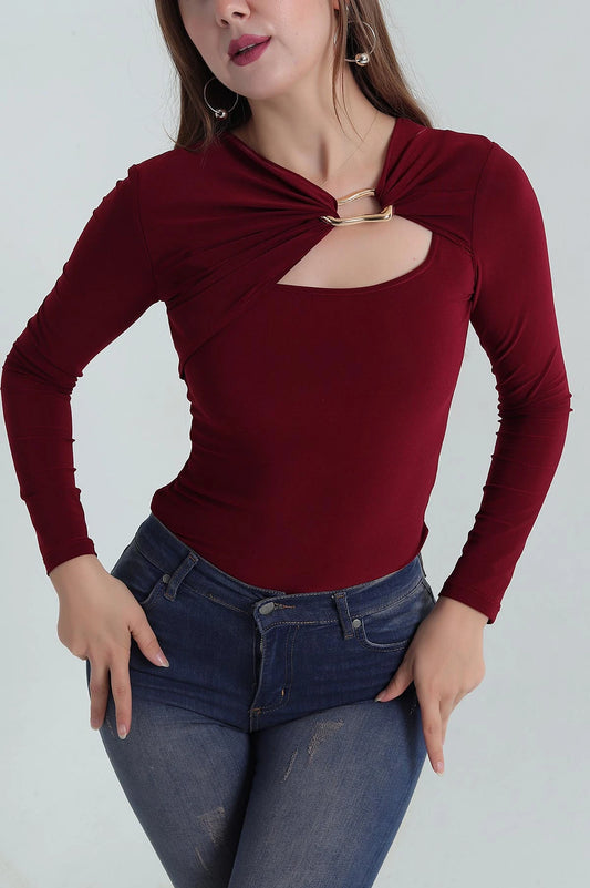 The Sandy Buckle-Detail Elegant Blouse - Burgundy