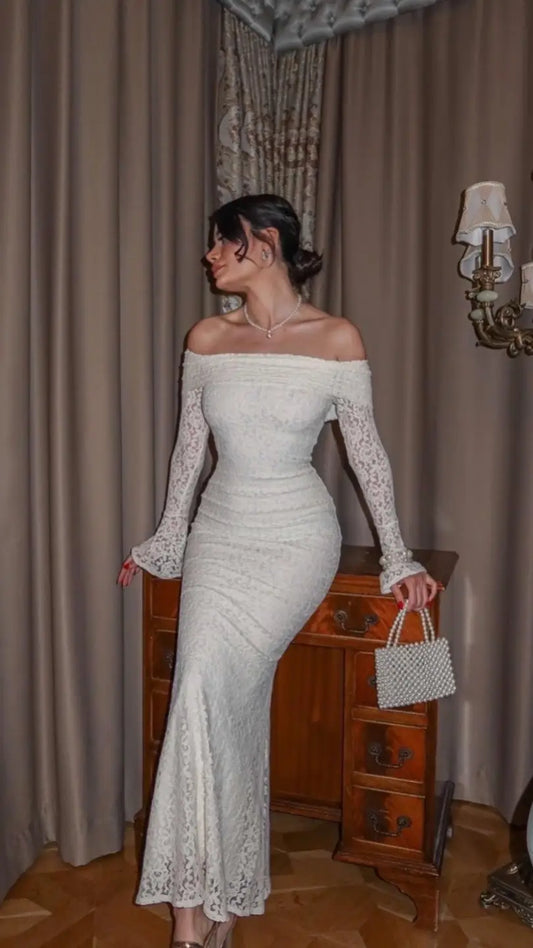 The Ethereal Off-Shoulder Lace Gown - White