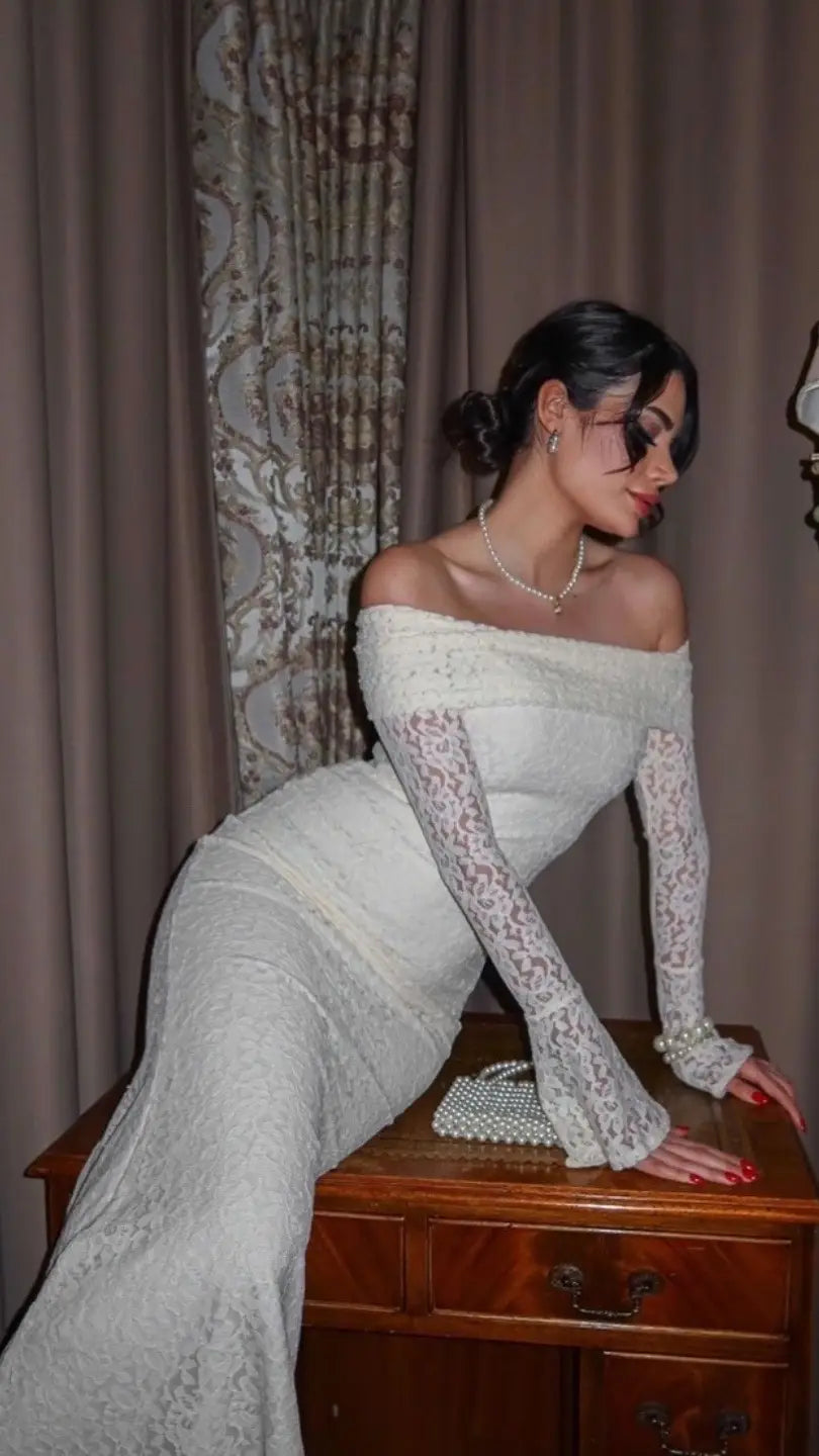The Ethereal Off-Shoulder Lace Gown - White