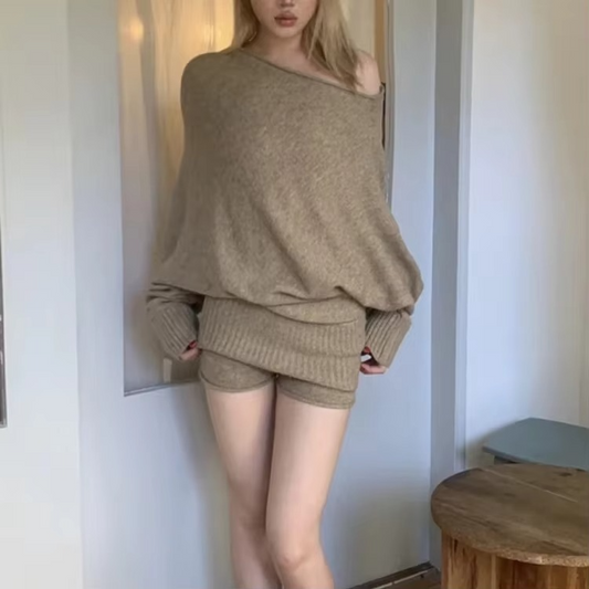 Korean Off-Shoulder Knit 2-Piece Set