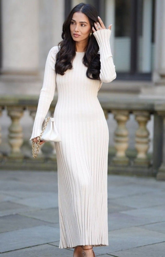 SHEIN Elegant Ribbed Long Sleeve Bodycon Dress – Off White