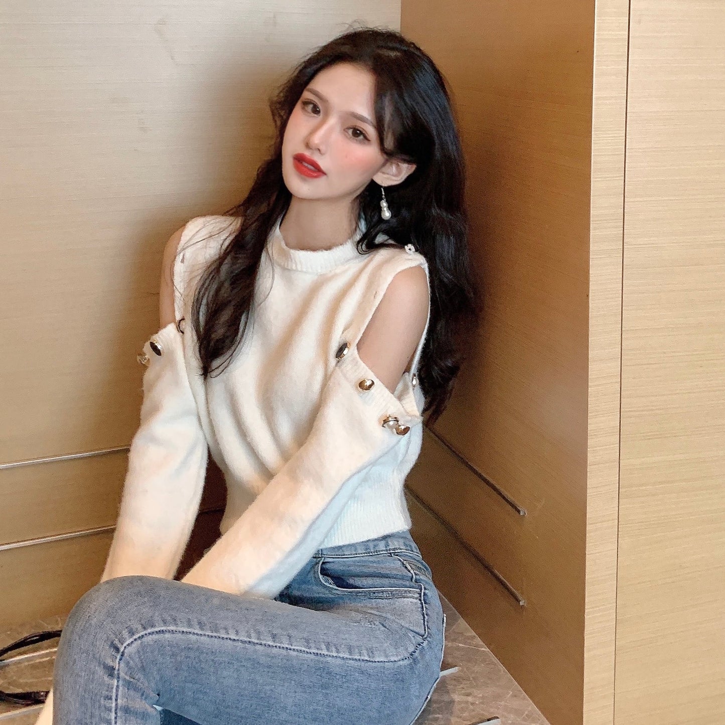 SHEIN Buttoned Cold Shoulder Knit Sweater