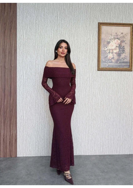 The Ethereal Off-Shoulder Lace Gown - Burghandy