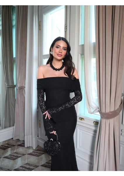The Ethereal Off-Shoulder Lace Gown - Black