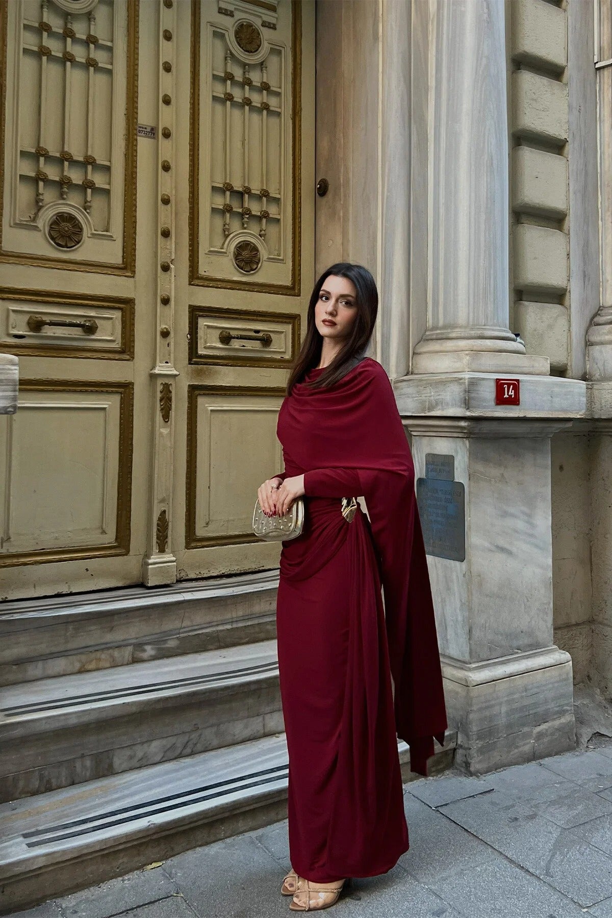 THE BORDEAUX ROYALE DRAPED LYCRA GOWN