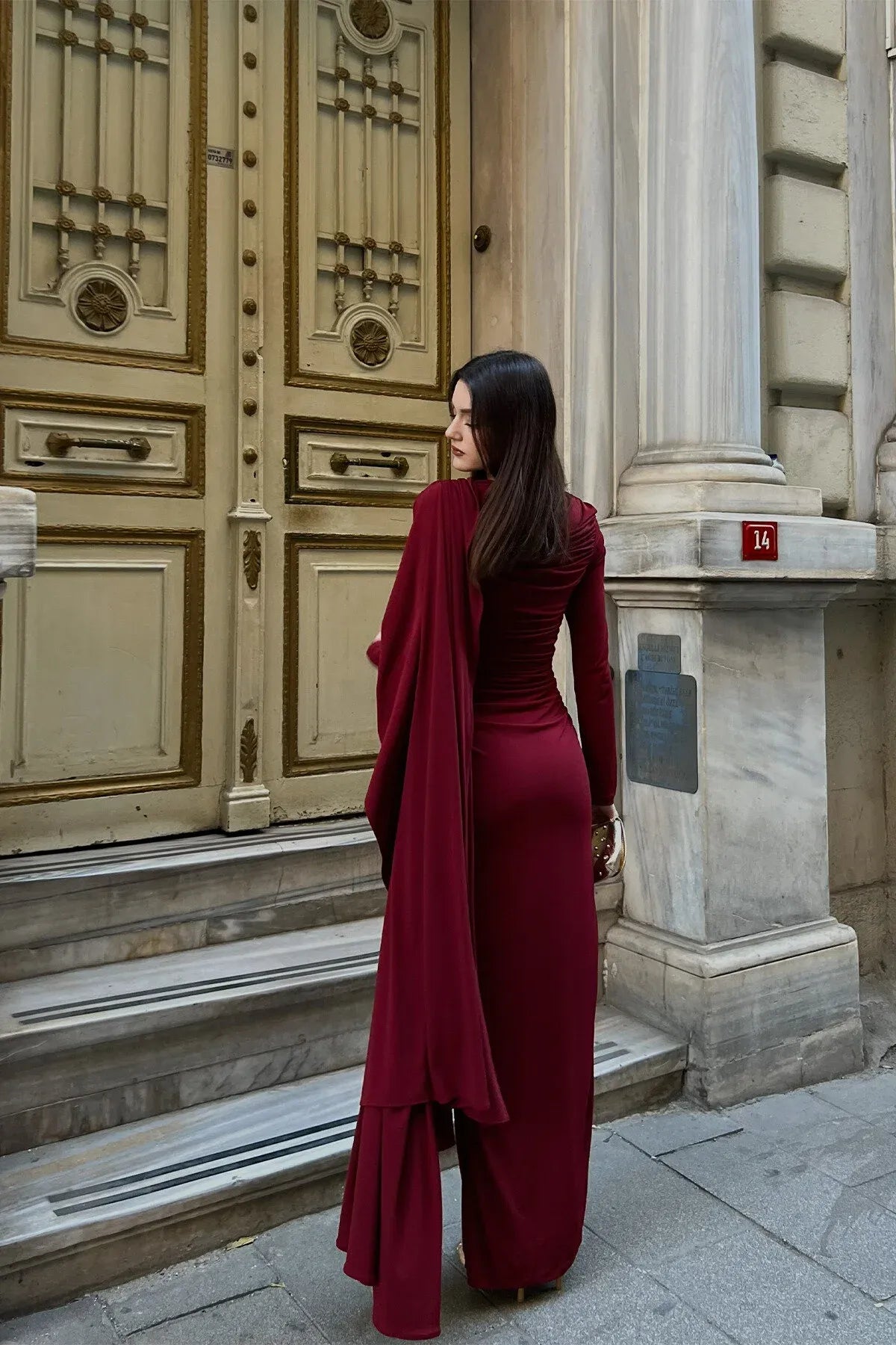 THE BORDEAUX ROYALE DRAPED LYCRA GOWN