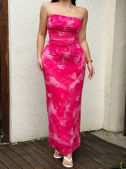 SHEIN RAFFERIZA PRINTED STRAPLESS MAXI DRESS