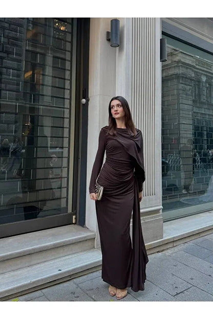 THE CHOCOLATE ROYALE DRAPED LYCRA GOWN