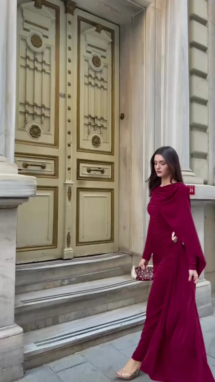 THE BORDEAUX ROYALE DRAPED LYCRA GOWN