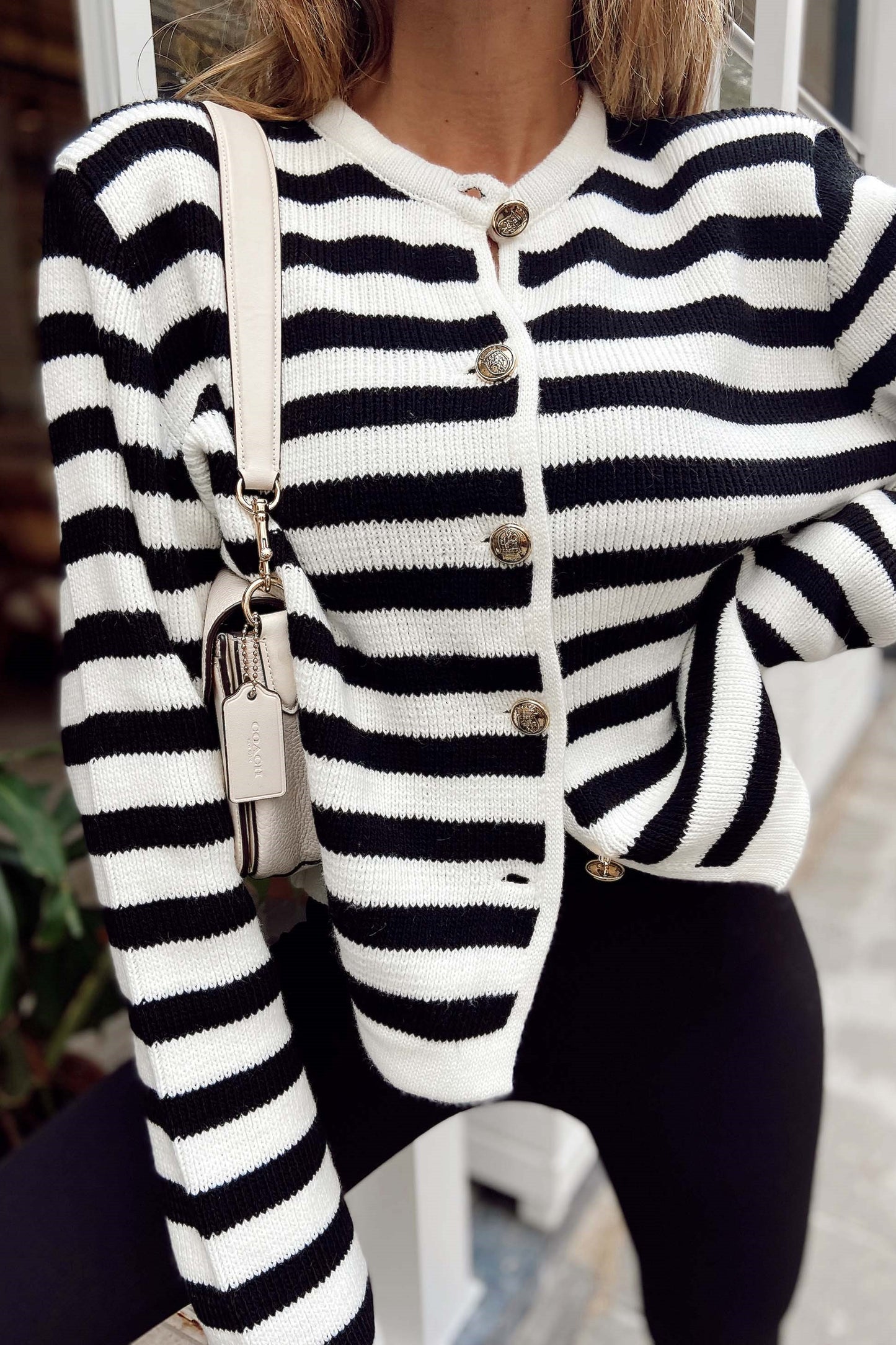 Premium Black & White Striped Knit Cardigan