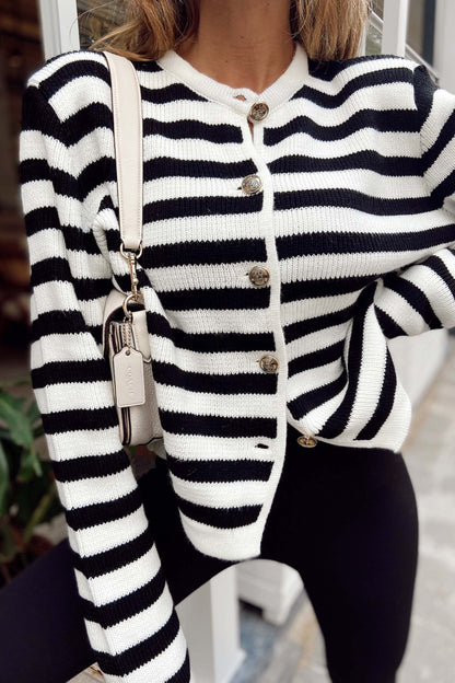 Premium Black & White Striped Knit Cardigan