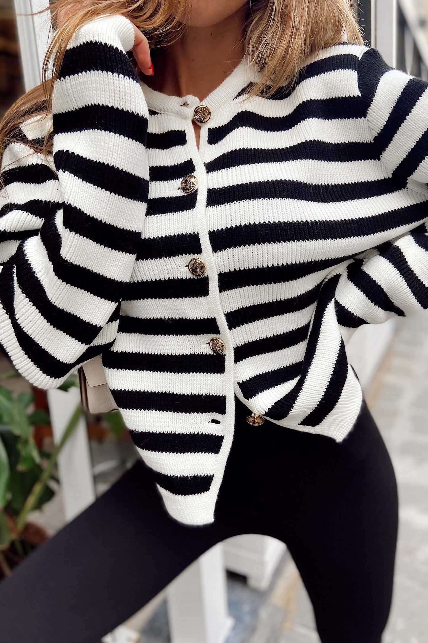 Premium Black & White Striped Knit Cardigan
