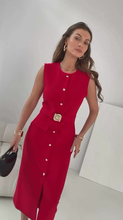 THE SCARLET SIGNATURE BELTED MIDI DRESS
