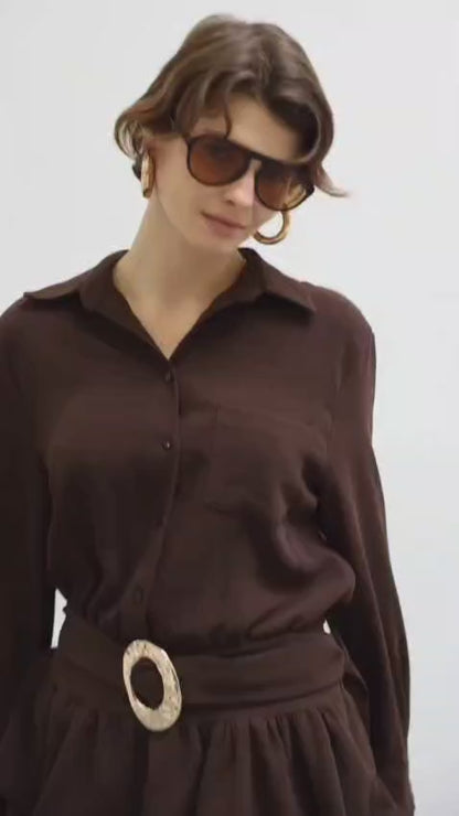 Gold Belted Lace Detail Dress - Brown