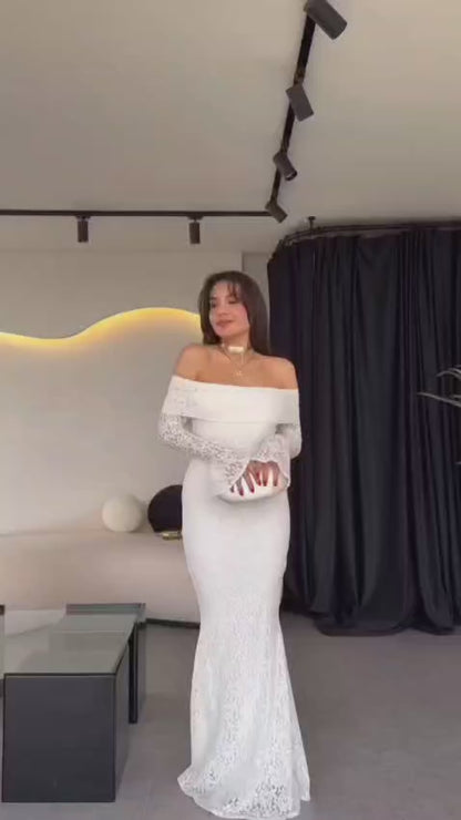 The Ethereal Off-Shoulder Lace Gown - White