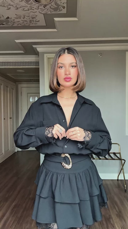 Gold Belted Lace Detail Dress - Black