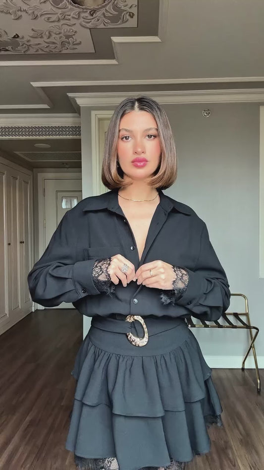 Gold Belted Lace Detail Dress - Black