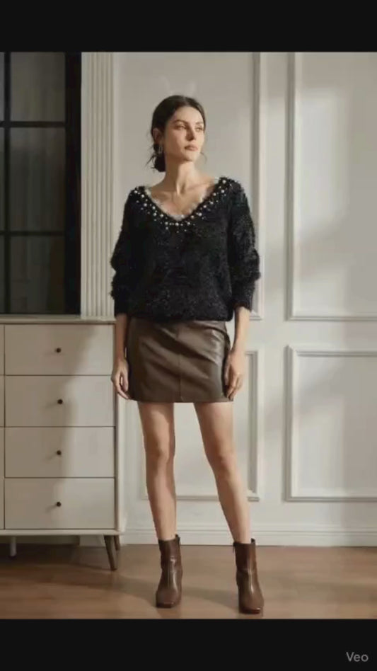 SHEIN Luxe Pearl-Trim Fuzzy V-Neck Sweater