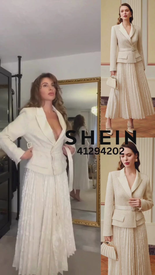 MOTF Peak Collar Buckle Belted Pleated Hem 2-in-1 Dress