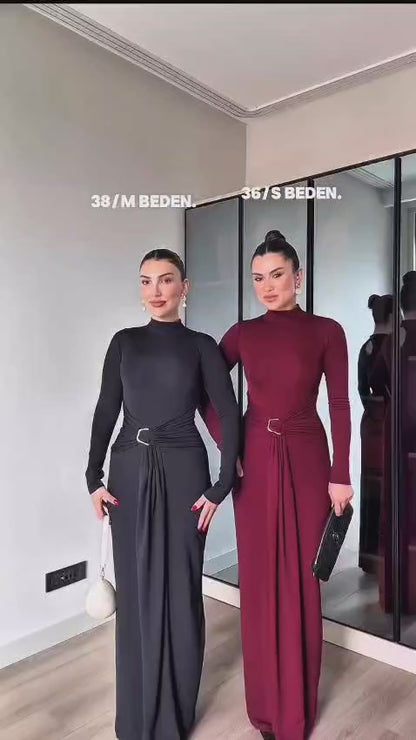 Elegant Burgundy Half-Collar Lycra Maxi Dress