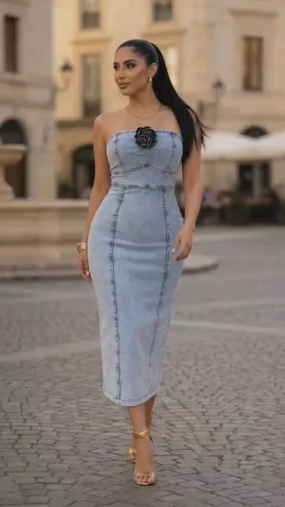 THE ICE BLOOM STRAPLESS DENIM MIDI DRESS