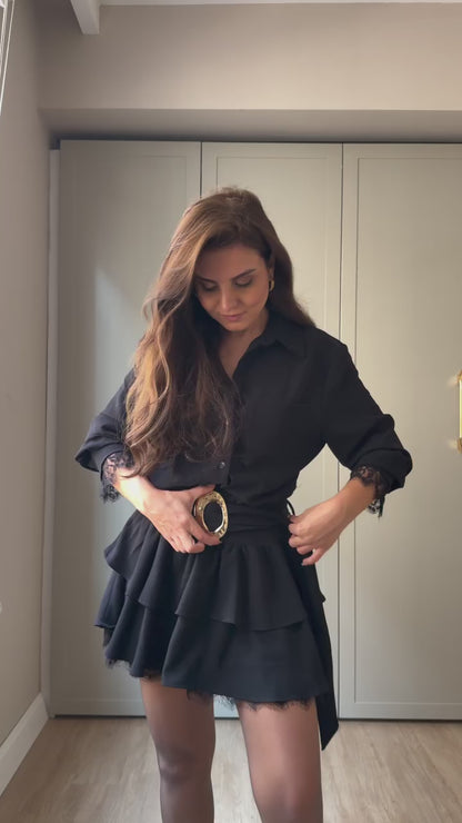 Gold Belted Lace Detail Dress - Black