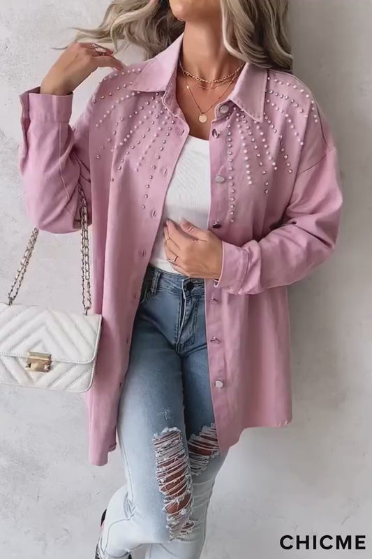 CHICME Pearl Embellished Long Pink Jacket
