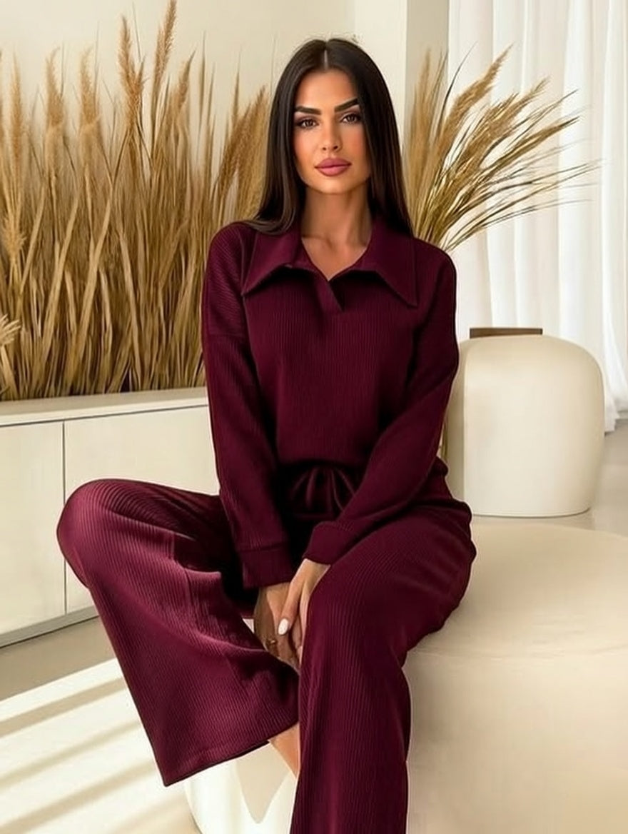 Premium -Trendiva  Burgundy Ribbed Velvet Set