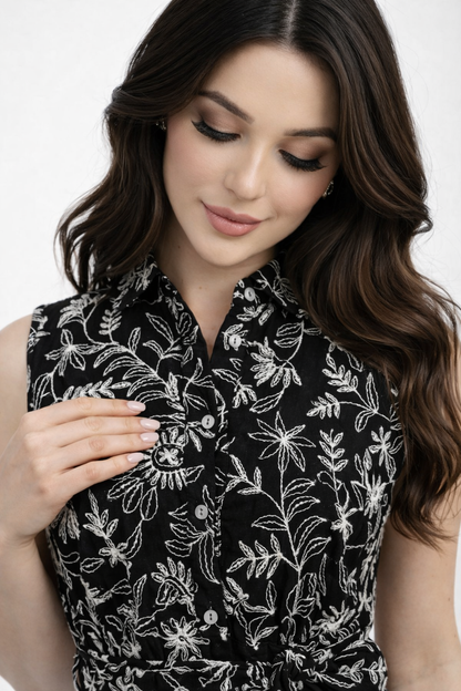 Elegant Embroidered Linen Maxi Dress