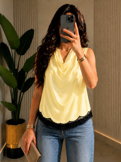 THE SOFT YELLOW SATIN LACE-HEM BLOUSE