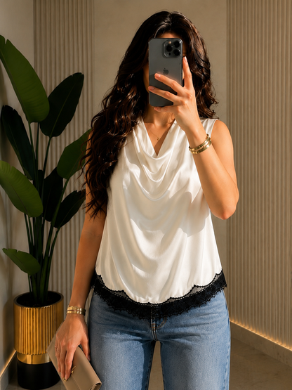 THE OFF-WHITE LACE-HEM SATIN BLOUSE