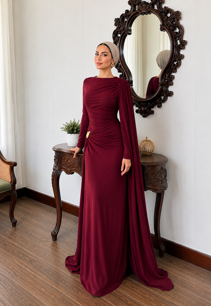 THE BORDEAUX DRAPED CAPE MAXI DRESS