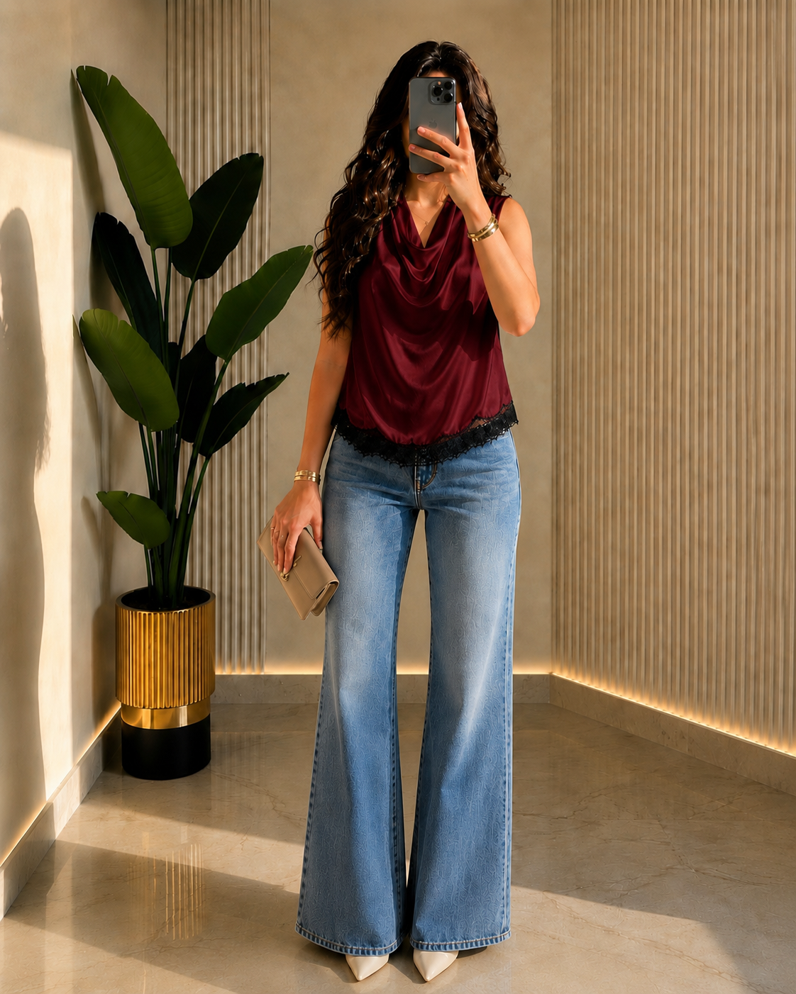THE BURGUNDY LACE-HEM SATIN BLOUSE