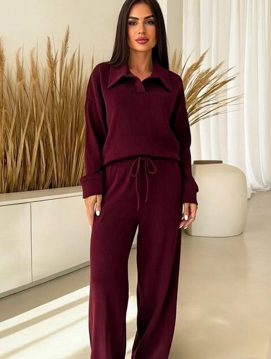 Premium -Trendiva  Burgundy Ribbed Velvet Set