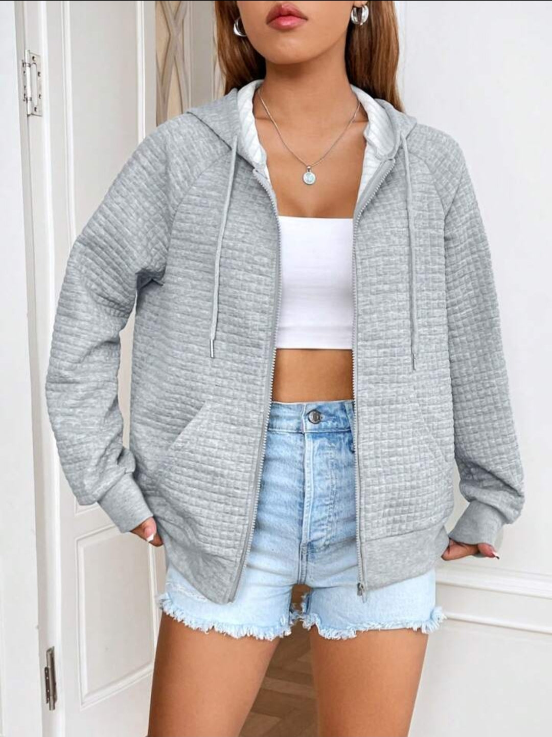 Waffle Texture Zip-Up Sweatshirt