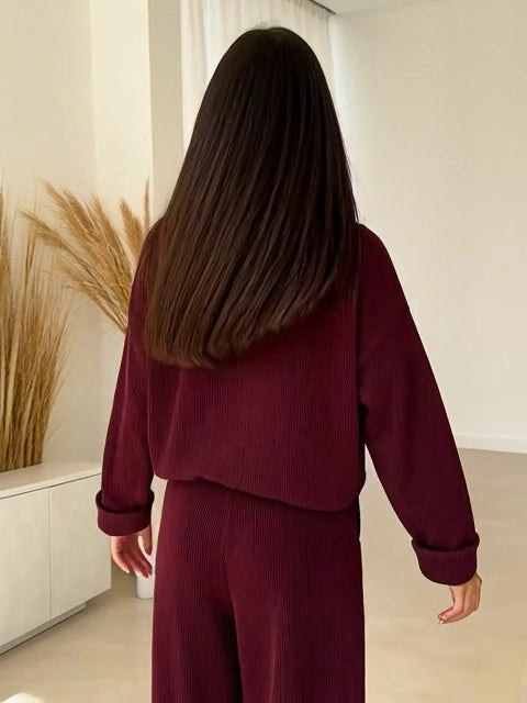 Premium -Trendiva  Burgundy Ribbed Velvet Set