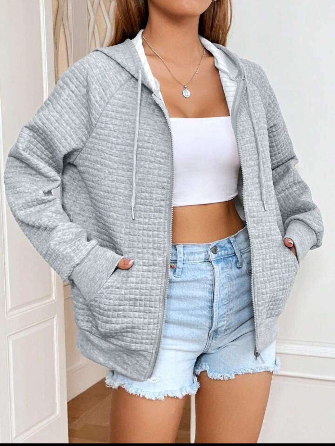 Waffle Texture Zip-Up Sweatshirt
