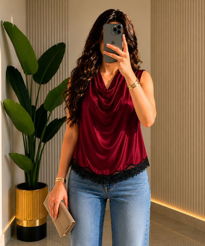 THE BURGUNDY LACE-HEM SATIN BLOUSE