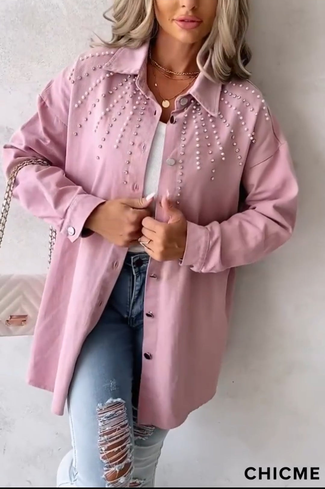 CHICME Pearl Embellished Long Pink Jacket