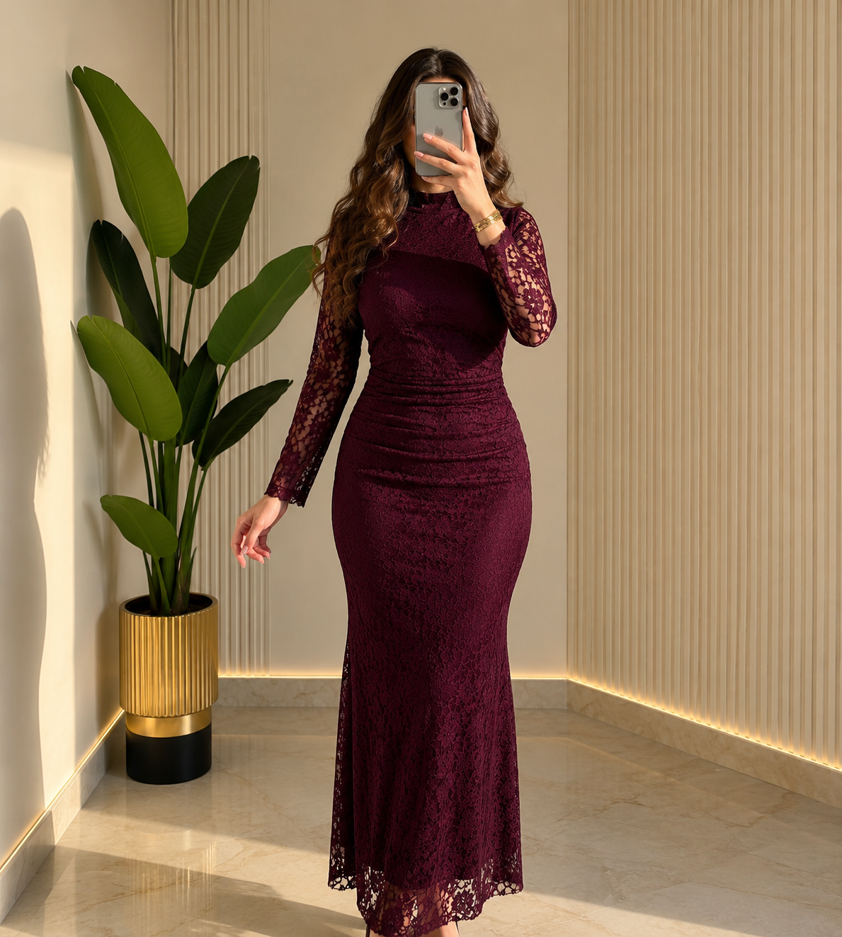 THE ROYAL HIGH-NECK LACE GOWN - Burghandy