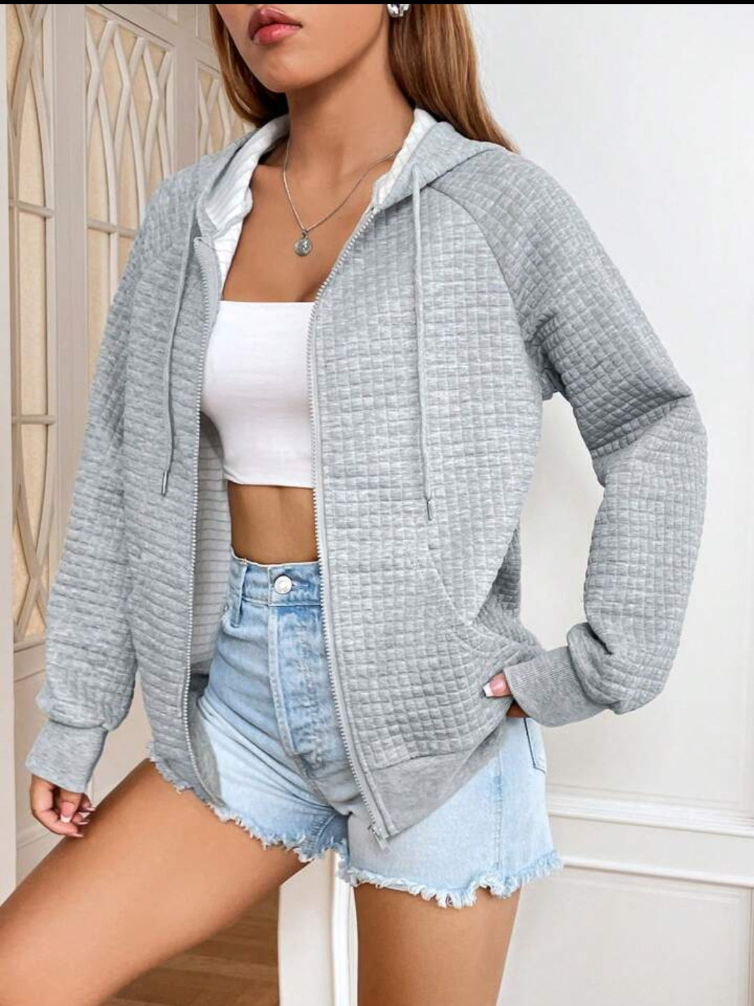 Waffle Texture Zip-Up Sweatshirt