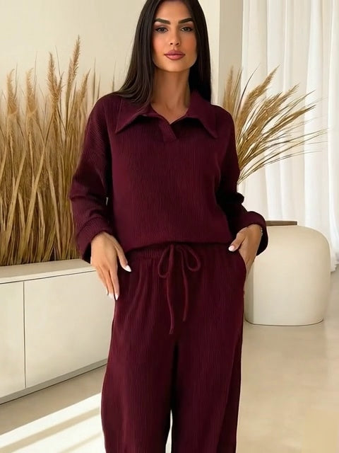 Premium -Trendiva  Burgundy Ribbed Velvet Set
