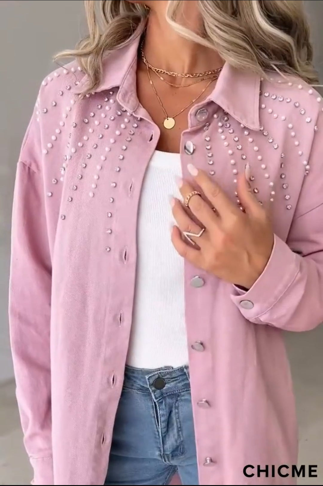 CHICME Pearl Embellished Long Pink Jacket