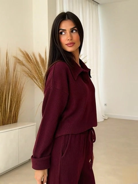 Premium -Trendiva  Burgundy Ribbed Velvet Set